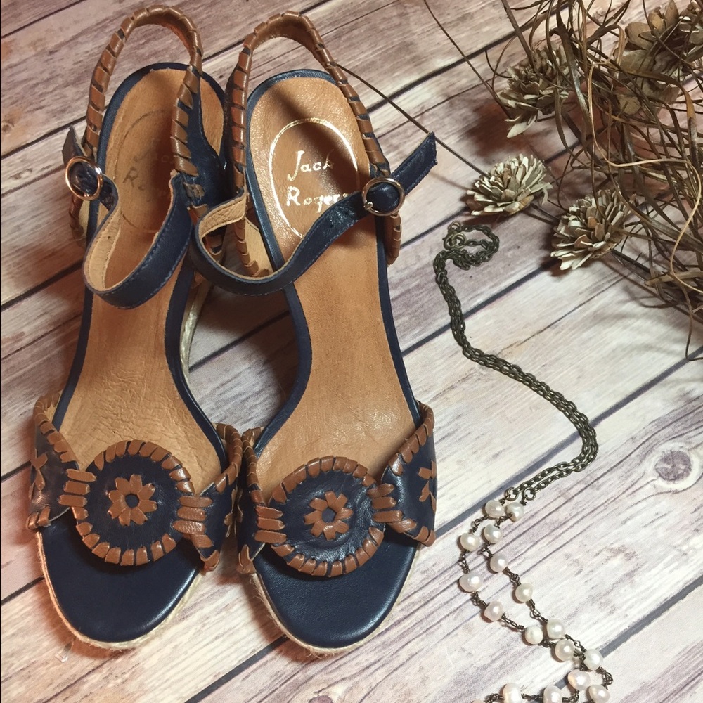 Jack Rogers Navy and Tan Wedges